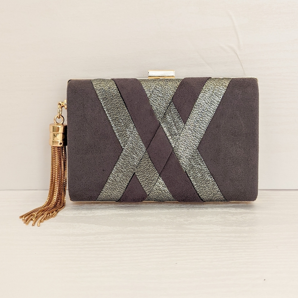 Crisscross Velvet Clutch Tassel Grey Suede